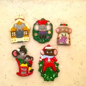 Vintage Ceramic Christmas Mouse Ornaments 5 Hand Painted One Of A Kind Craft